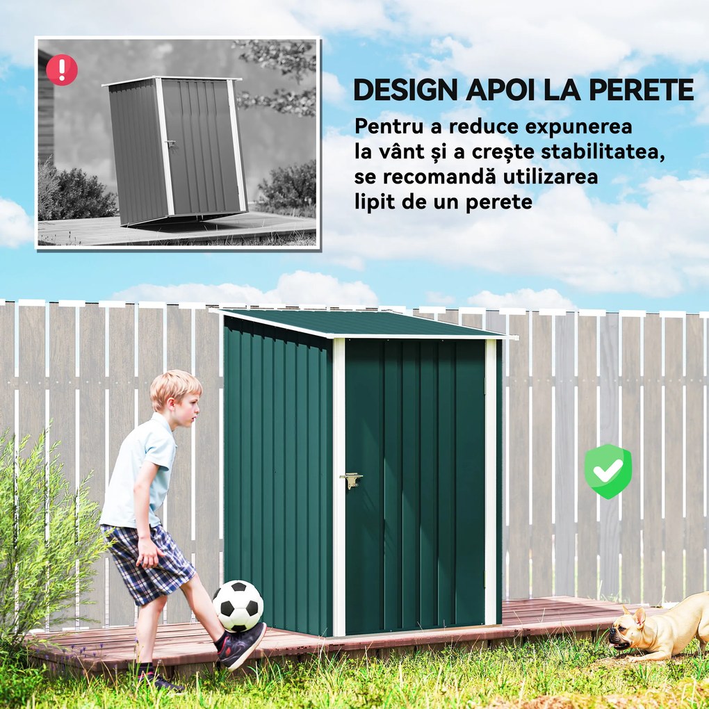 Outsunny Căsuță de Grădină 0,92m² din Oțel Galvanizat, Depozit pentru Unelte cu Ușă Blocabilă, Acoperiș Înclinat, 100x104x160 cm, Verde | Aosom Romania