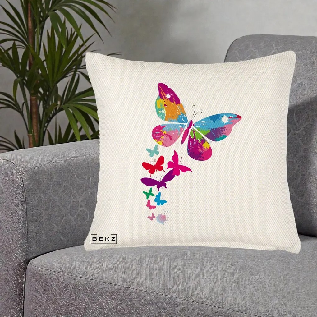 Perna Decorativa Fluturi Splash, 40x40 cm, Crem Reliefat, Husa Detasabila, Perna Inclusa, BEKZ®