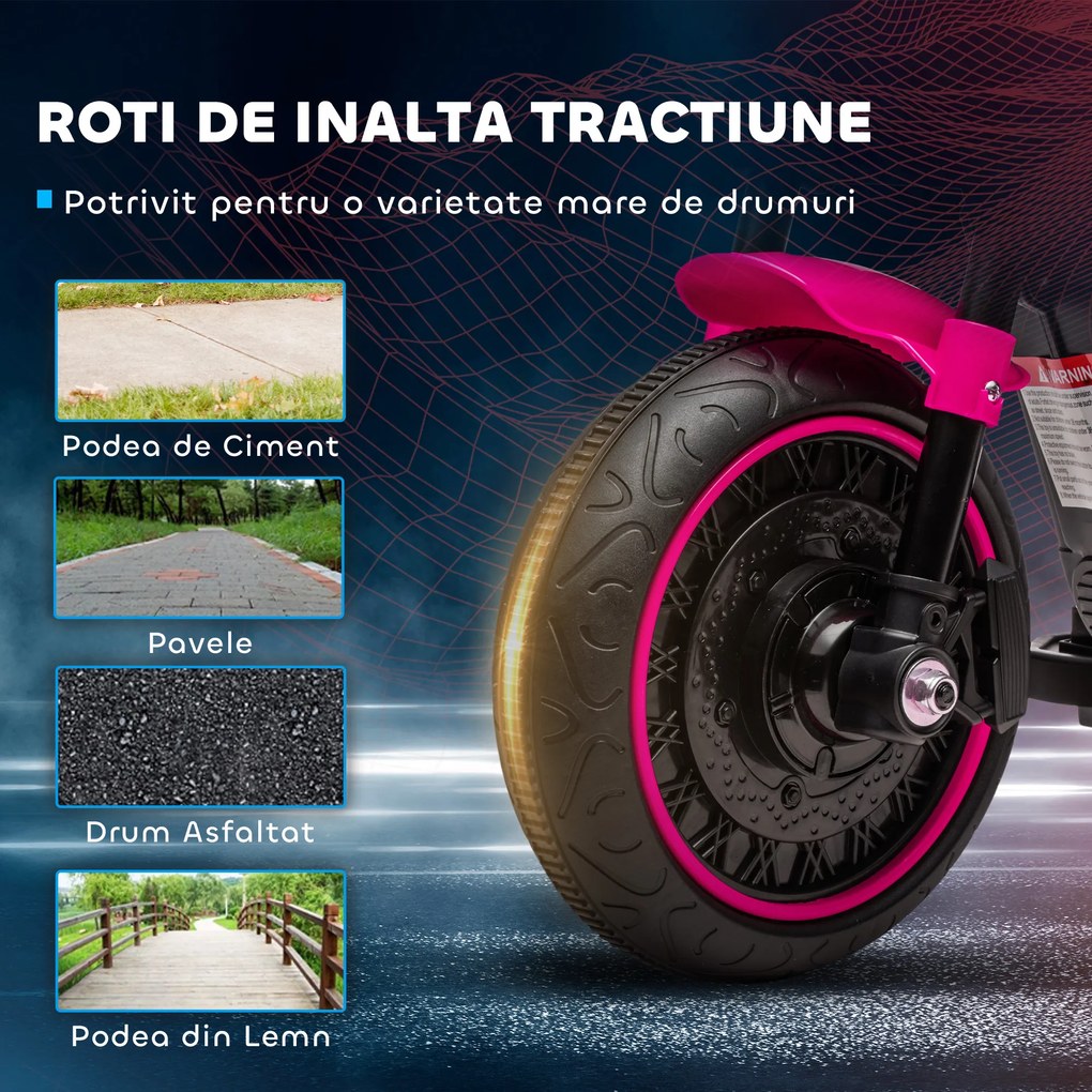 HOMCOM Motocicletă Electrică pentru Copii 18-36 luni, Motocicletă de Jucărie cu Roți Suplimentare și Faruri, 76x42x57 cm, Roz | Aosom Romania