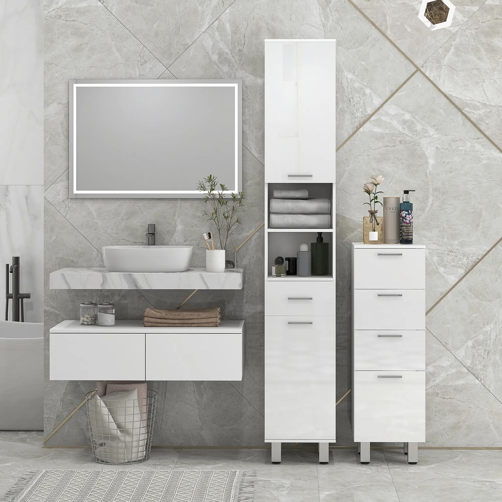 kleankin Mobilier pentru Baie cu 1 Sertar 3 Rafturi Ajustabile și 2 Dulapuri, 30x30x180 cm, Alb Lucios | Aosom Romania