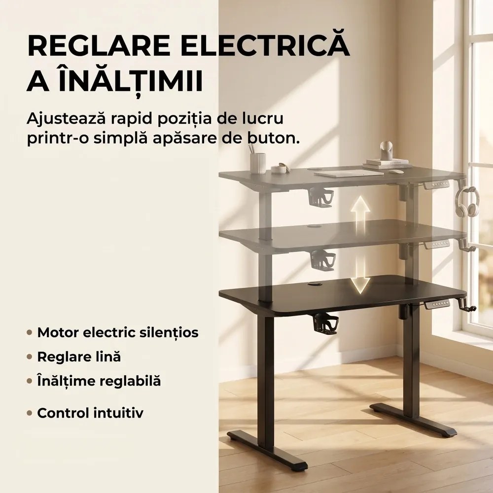 ELEVON WX-009 – Birou Reglabil Electric, Înălțime Reglabilă 72–118 cm, Blat Monobloc PAL de Înaltă Densitate 15 mm, Cadru Metalic din Oțel 65×45 mm, Panou Electronic, 100 × 60 cm, Negru