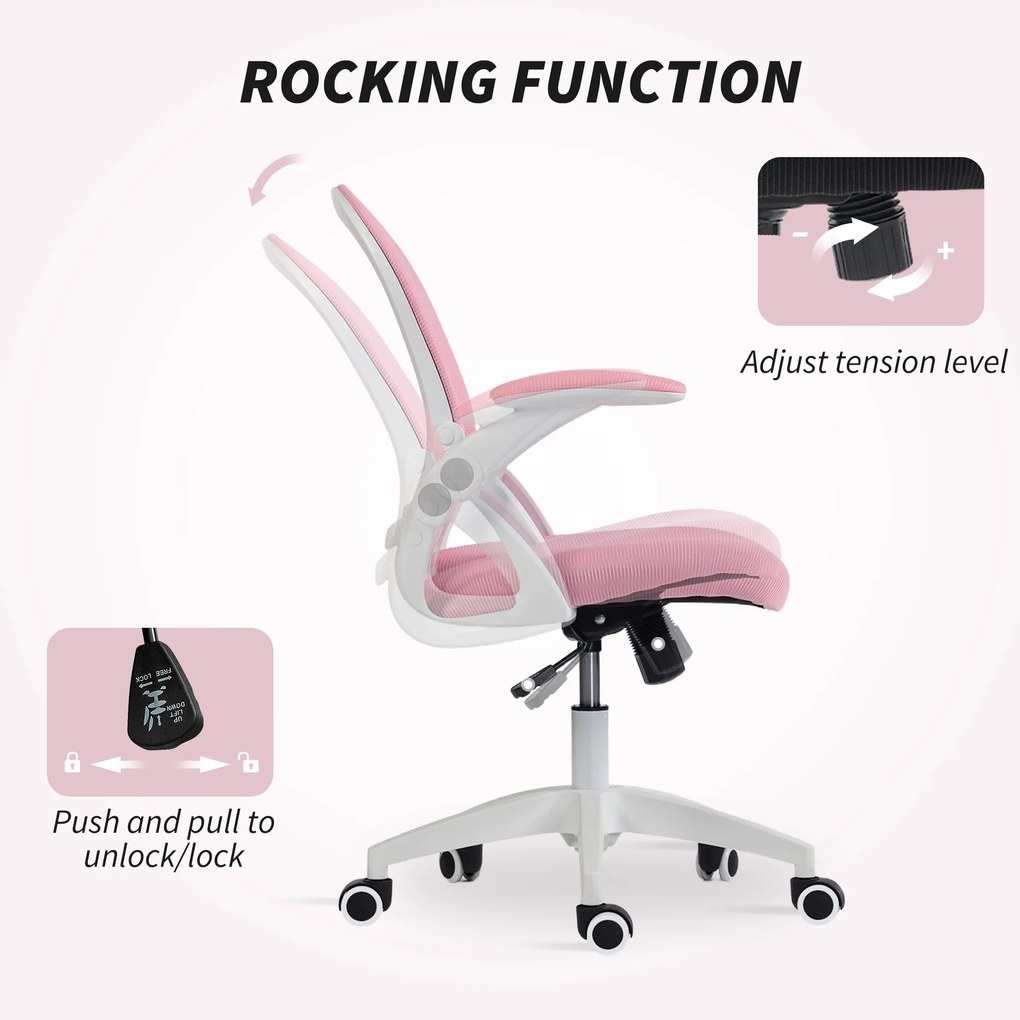 Vinsetto Scaun de Birou Ergonomic, Reglabil, cu Spătar din Plasă și Scaun Captusit, 65.5x61.5x88-97.5 cm, Roz | Aosom Romania
