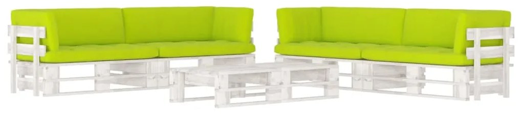 Set mobilier paleti cu perne, 6 piese, alb, lemn pin tratat verde aprins, 4x colt + 2x masa, Alb, 1