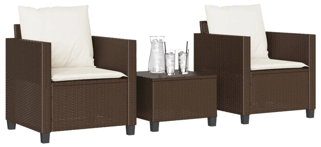 vidaXL Set bistro cu perne, 3 piese, maro, poliratan