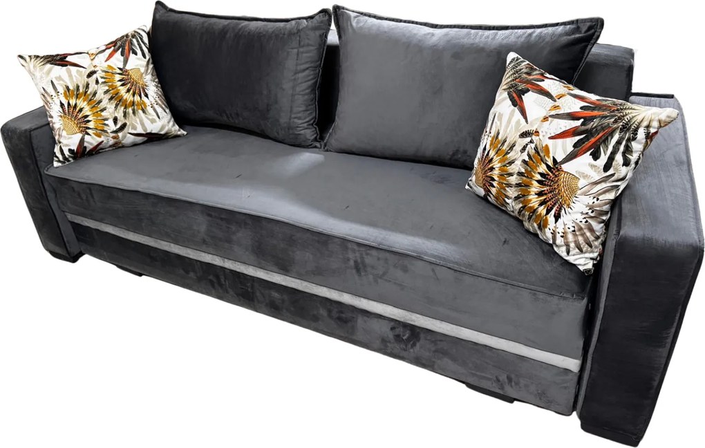 Canapea LARISA extensibila, 3 locuri, cu lada de depozitare, catifea gri inchis cu gri deschis , 220x95x85 Gri Inchis + Gri Deschis, Catifea