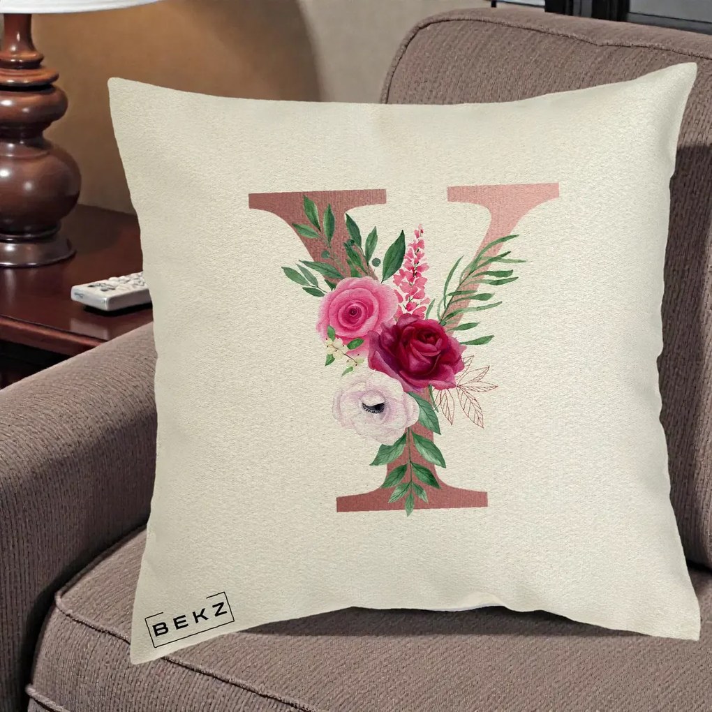 Cadou Personalizat - Perna Personalizata Monograma Rose Gold Litera Y, 40x40 cm, Ecru, Husa Detasabila, Perna Inclusa, BEKZ®