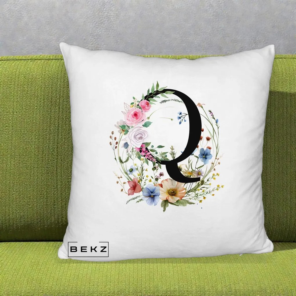 Cadou Personalizat - Perna Personalizata Monogram Litera Q cu Flori Acuarela, 40x40 cm, Alb Pufos, Husa Detasabila, Perna Inclusa, BEKZ®