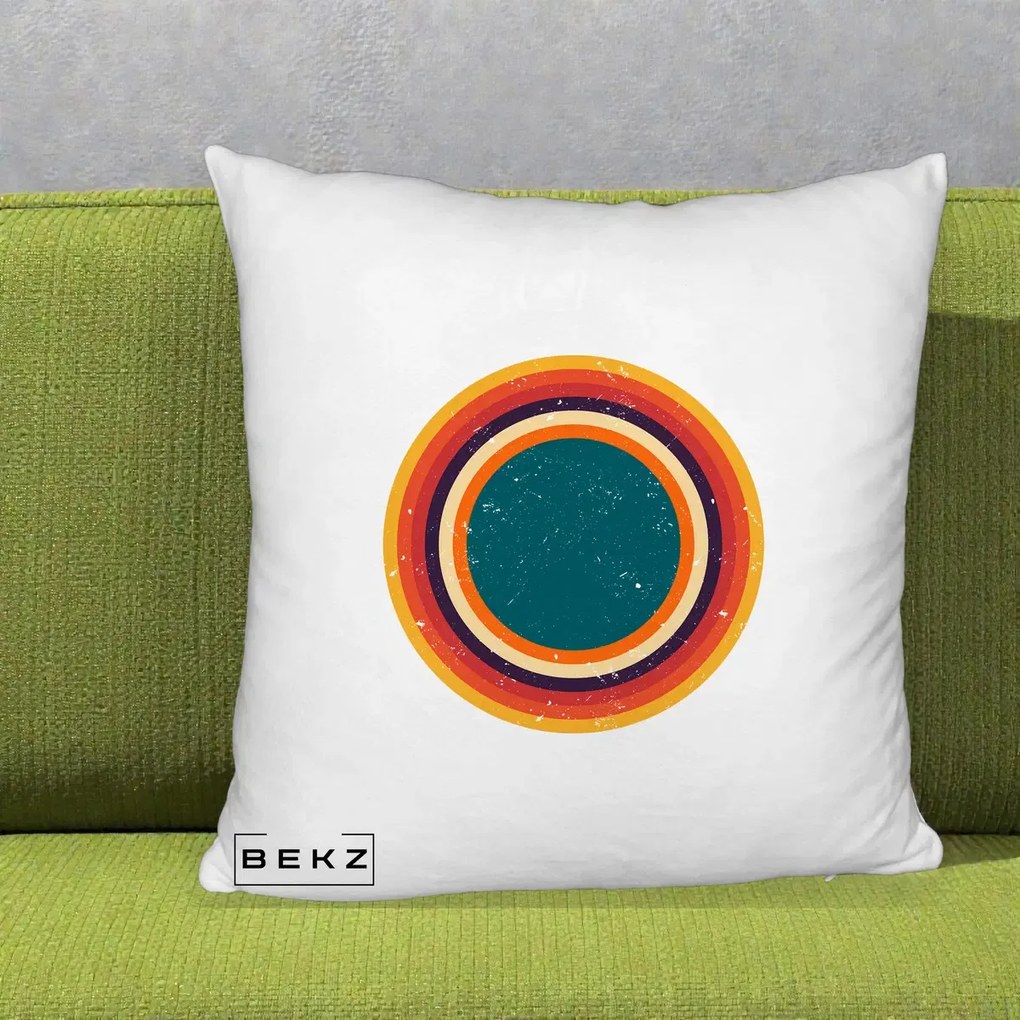 Perna decorativa Retro Cerc Concentric Geometric Vintage, 40x40 cm cu Umplutura, Alb Pufos, BEKZ