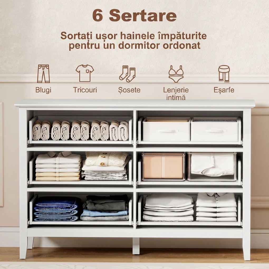 HOMCOM Comodă pentru Dormitor Canelată cu 6 Sertare, Mânere și 5 Picioare, pentru Hol, Living sau Intrare, Alb | Aosom Romania