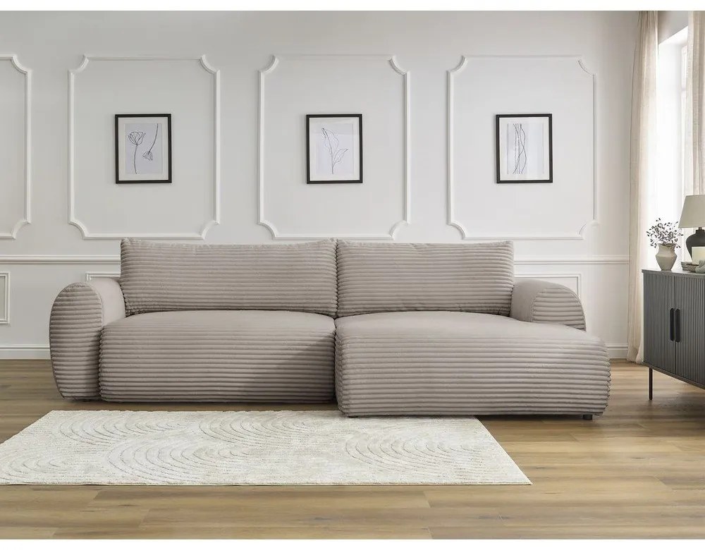 Colțar gri deschis/bej extensibil cu tapițerie din catifea reiată (cu colț pe partea dreaptă) Lucien – Bobochic Paris