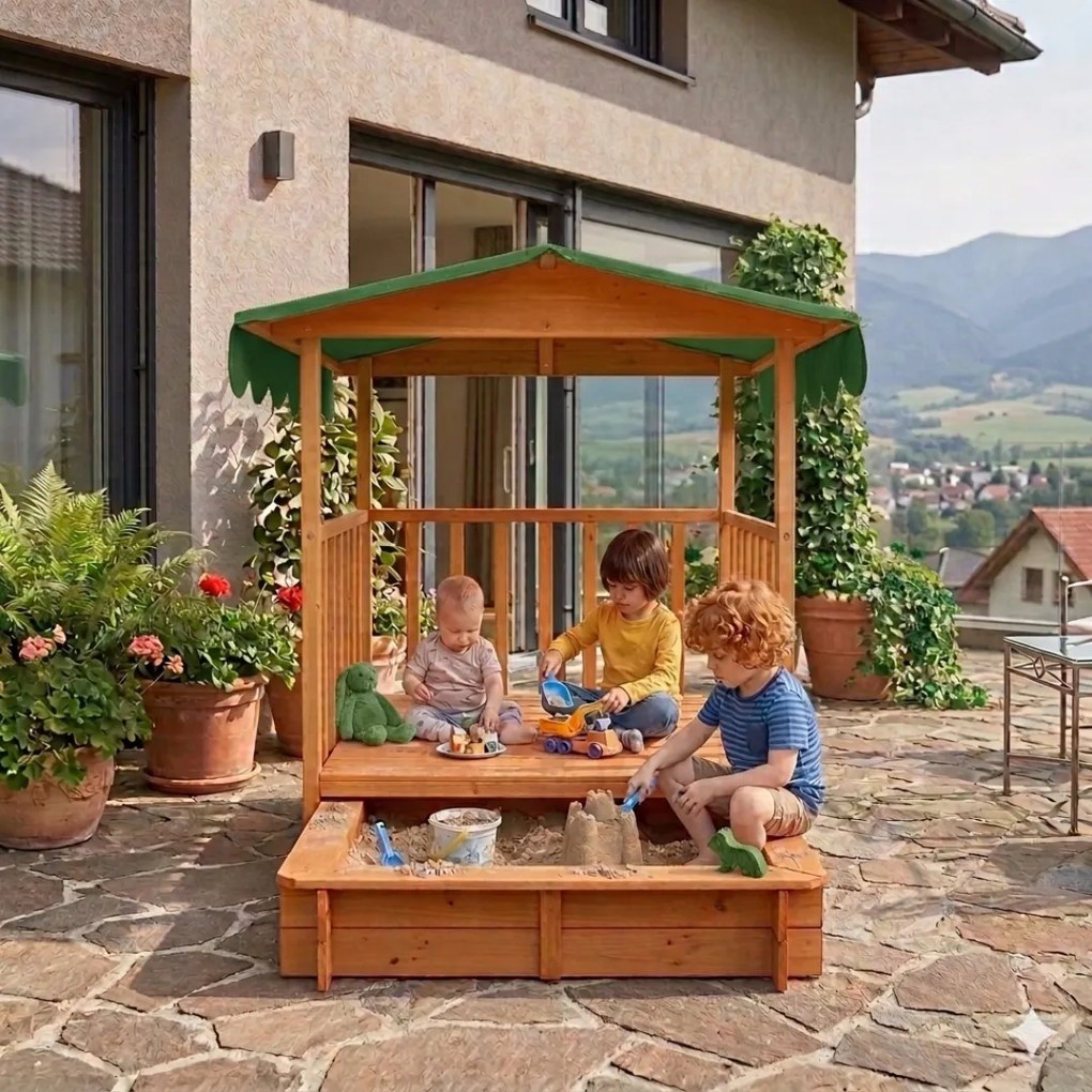 Groapa cu nisip cu verandă HAPPY, 130x130x143cm, maro/verde Jurhan