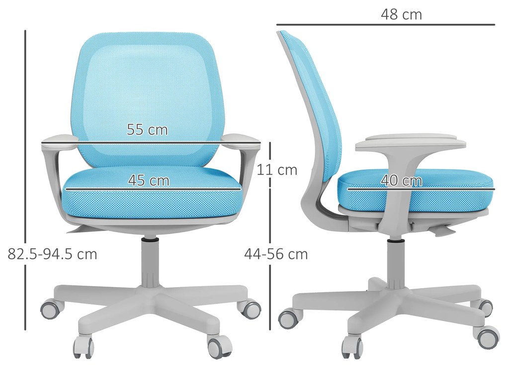 Vinsetto Scaun Birou Ergonomic cu Înălțime Reglabilă, Scaun Rotativ și Respirabil cu Înclinare, 55x48x82.5-94.5 cm, Albastru | Aosom Romania
