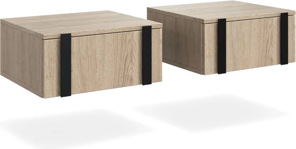 Set de 2 noptiere suspendate Verica - stejar spongios / mânere negre