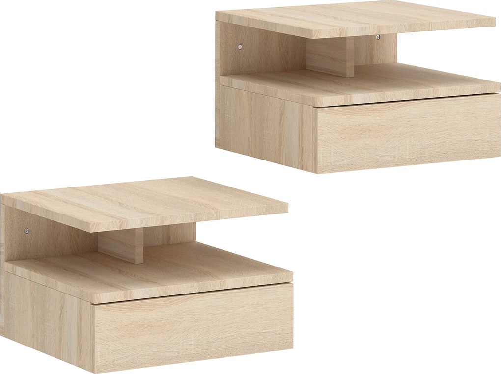HOMCOM Set de 2 Noptiere Moderne Suspendate pentru Dormitor cu Sertar si Blat  din Lemn 35x32x22.5cm, Stejar | Aosom Romania