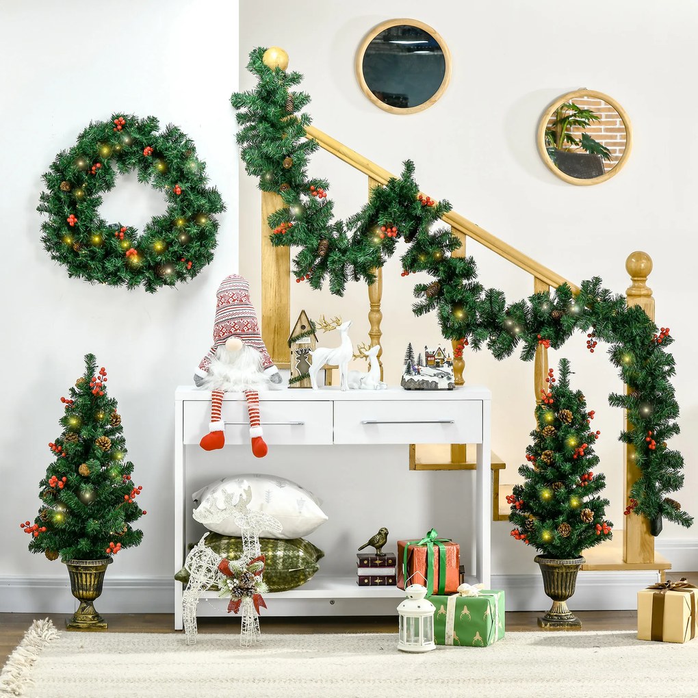 HOMCOM Set de decoratiuni pentru Craciun set 4 piese, coroana de ghirlande si set de 2 copaci cu lumini LED | AOSOM RO
