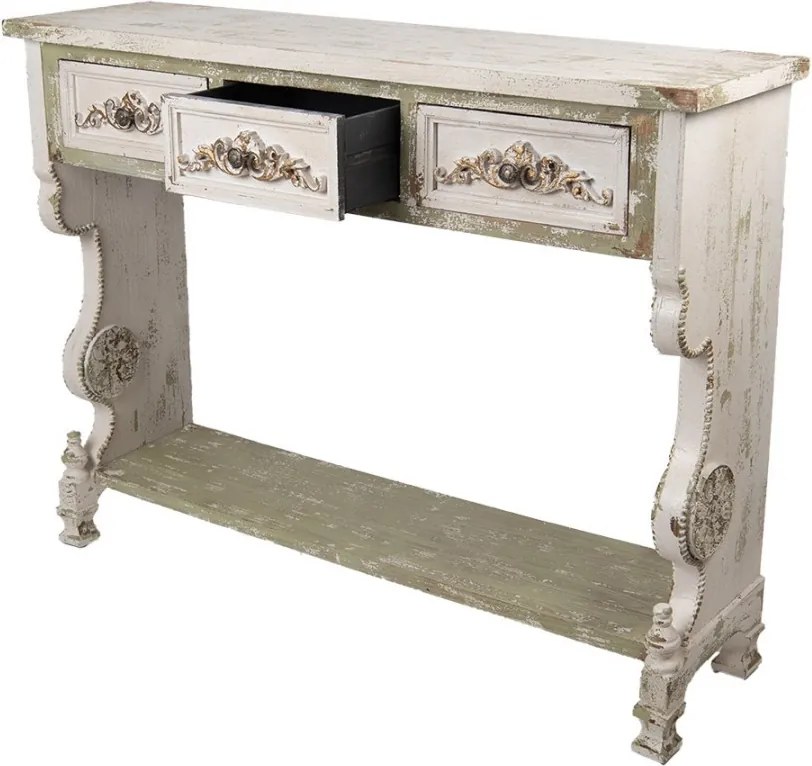 Consolă hol shabby chic din lemn, alb, cu 3 sertare, raft verde și ornamente sculptate, finisaj antichizat, 99 x 129 x 36 cm, „Lisette”