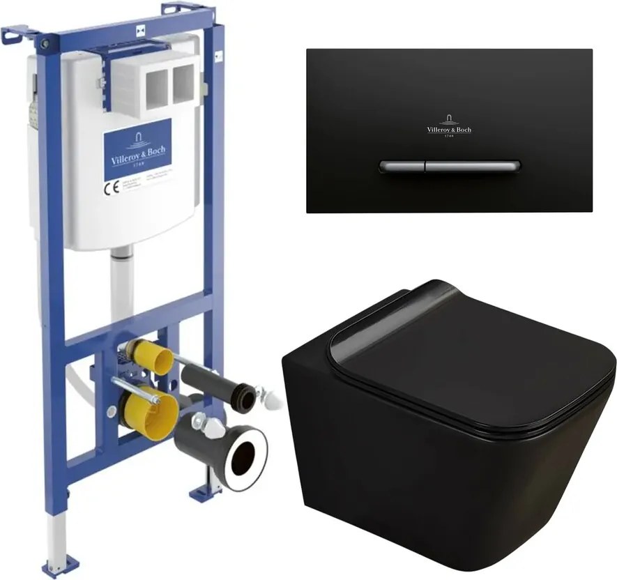 Set rezervor WC cu cadru incastrat Villeroy&Boch ViConnect si clapeta de actionare ViConnect 300S negru mat plus vas WC Rune Jord cu capac softclose