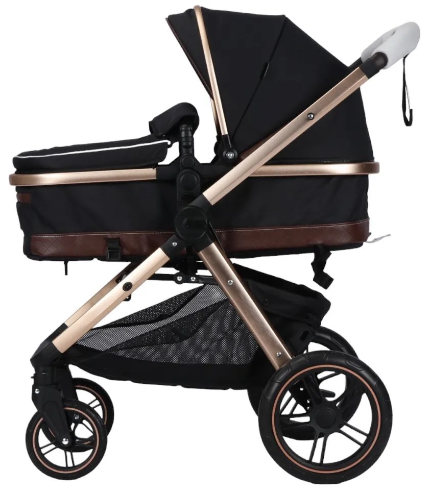 Carucior nou nascuti 2 in 1 NOVOKIDS™ X2000 series, Cu geanta bebe, Cadru Aluminiu Gold, Amortizoare, Roti din cauciuc plin AVE, Landou, Spatar