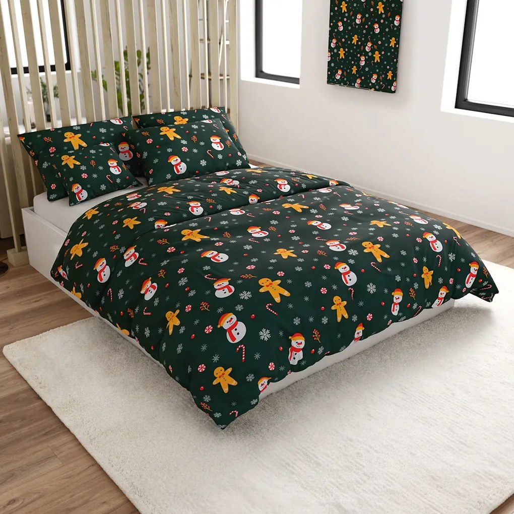 Lenjerie de pat de flanel din microfibra SNOWMAN AND GINGERBREAD verde Dimensiune lenjerie de pat: 2 buc 70 x 90 cm | 200 x 220 cm