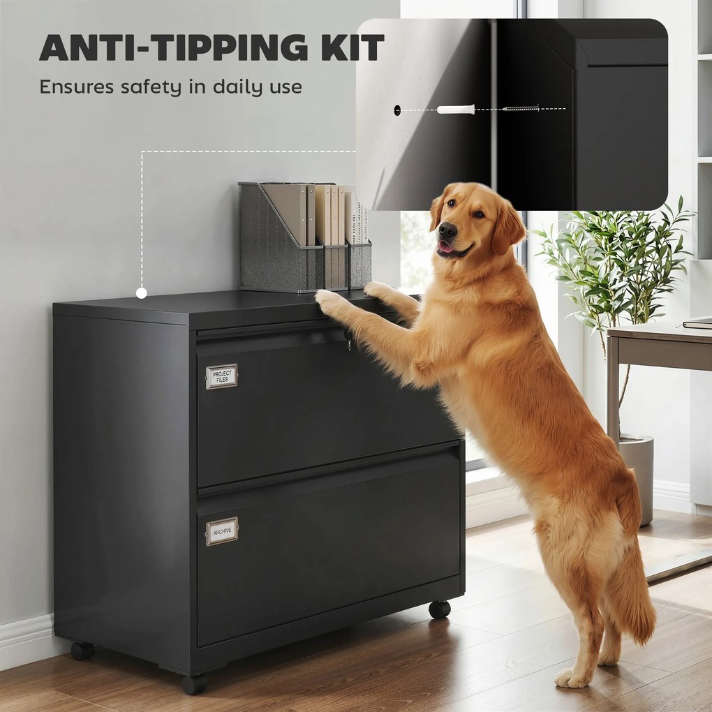 HOMCOM Container mobil cu 2 sertare închidere dulap pentru dosare cu șină suspendată reglabilă 90 x 40 x 77,4 cm Negru | Aosom Romania