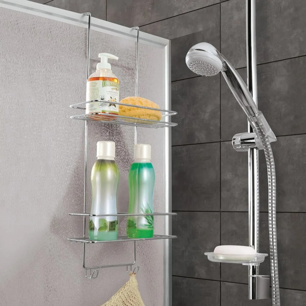 Raft pentru baie argintiu lucios de agățat/autoadeziv din oțel Luxy – Metaltex