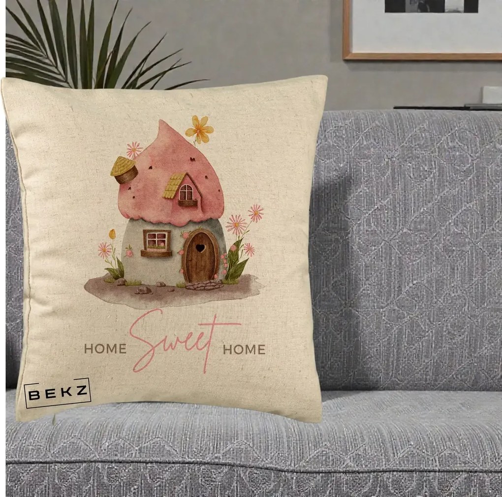 Perna Decorativa Home Sweet Home Casuta, 40x40 cm, Bej, Husa Detasabila, Perna Inclusa, BEKZ®