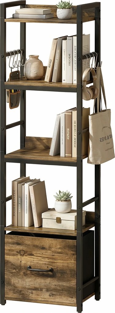 HOMCOM Bibliotecă cu 4 niveluri, etajeră de depozitare îngustă cu sertar, 8 cârlige, , 39 x 26 x 136,5 cm, maro rustic | Aosom Romania