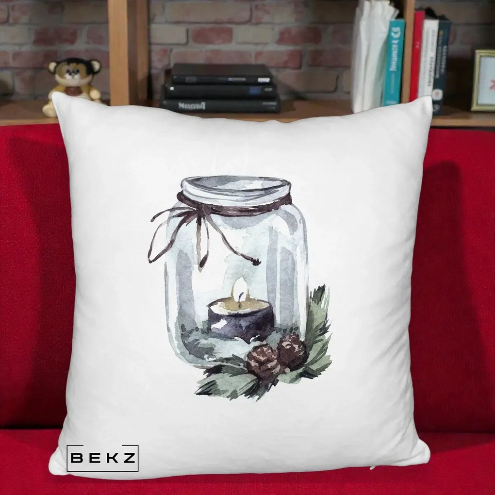 Perna Decorativa Felinar cu Lumanare si Conuri, 40x40 cm, Alb Pufos, Husa Detasabila, Perna Inclusa, BEKZ®