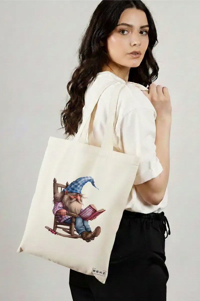 Sacosa de Panza pentru Cumparaturi, Geanta Tote, model The Bookish Gnome 7 38 x 34.5 cm, Alba, BEKZ®