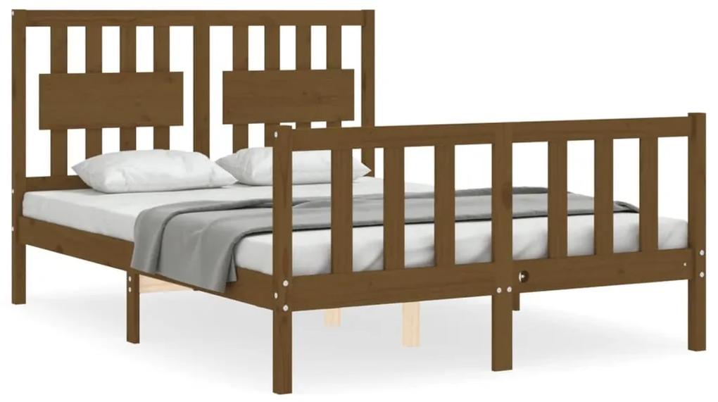 3192399 vidaXL Cadru de pat cu tăblie, dublu mic, maro miere, lemn masiv