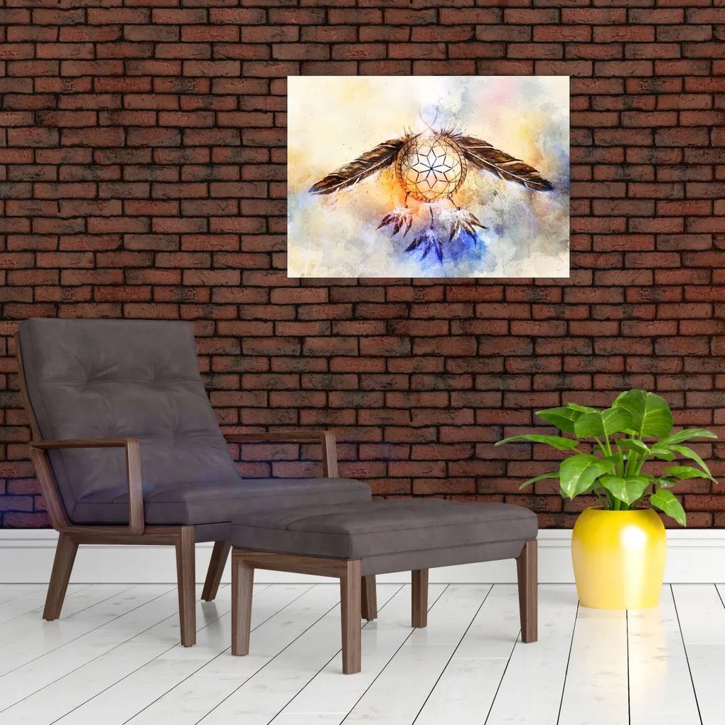 Tablou pe sticlă - Captator de vise cu pene (70x50 cm)