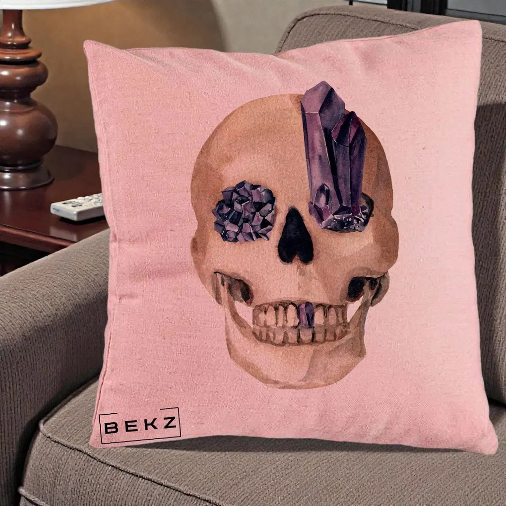 Perna Decorativa Craniu cu Cristale de Ametist, 40x40 cm, Roz, Husa Detasabila, Perna Inclusa, BEKZ®