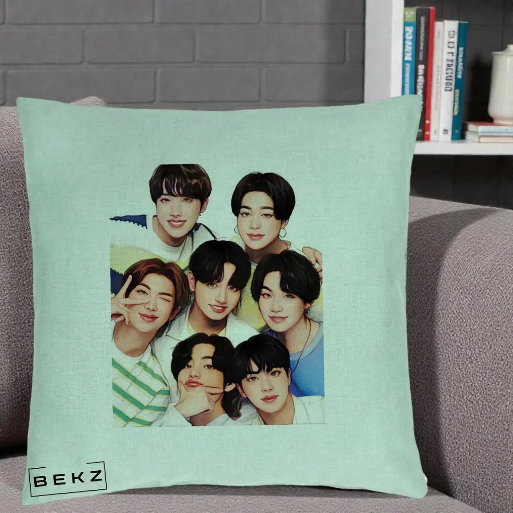 Perna Personalizata K-pop BTS Bangtan Boys Portret Grup Fanart, 40x40 cm, Verde Menta, Husa Detasabila, Perna Inclusa, BEKZ®