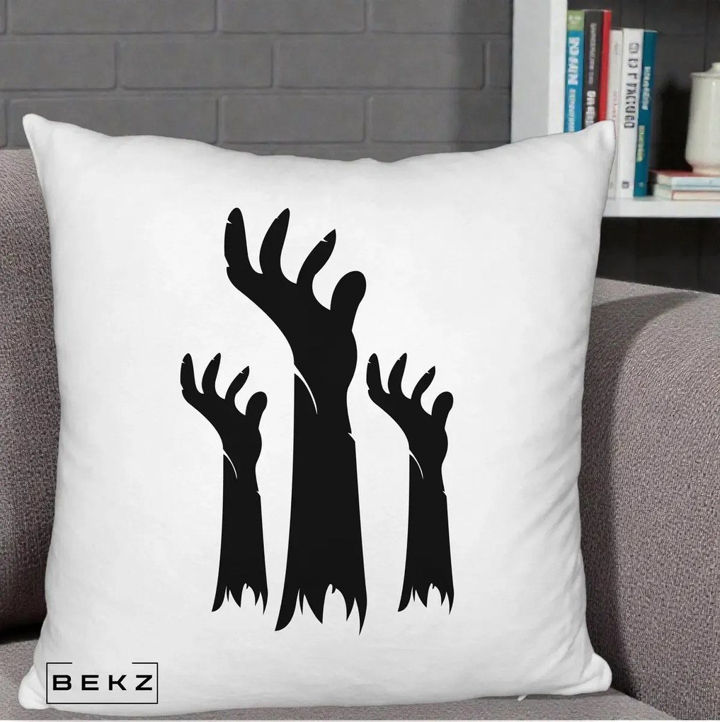 Perna Decorativa Halloween Maini Zombie Alb-Negru, 40x40 cm, Alb Pufos, Husa Detasabila, Perna Inclusa, BEKZ®