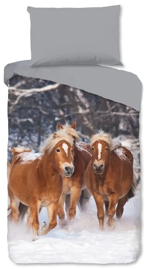 Lenjerie de pat pentru copii gri din flanelă pentru pat de o persoană 140x200 cm Happy Horses – Good Morning