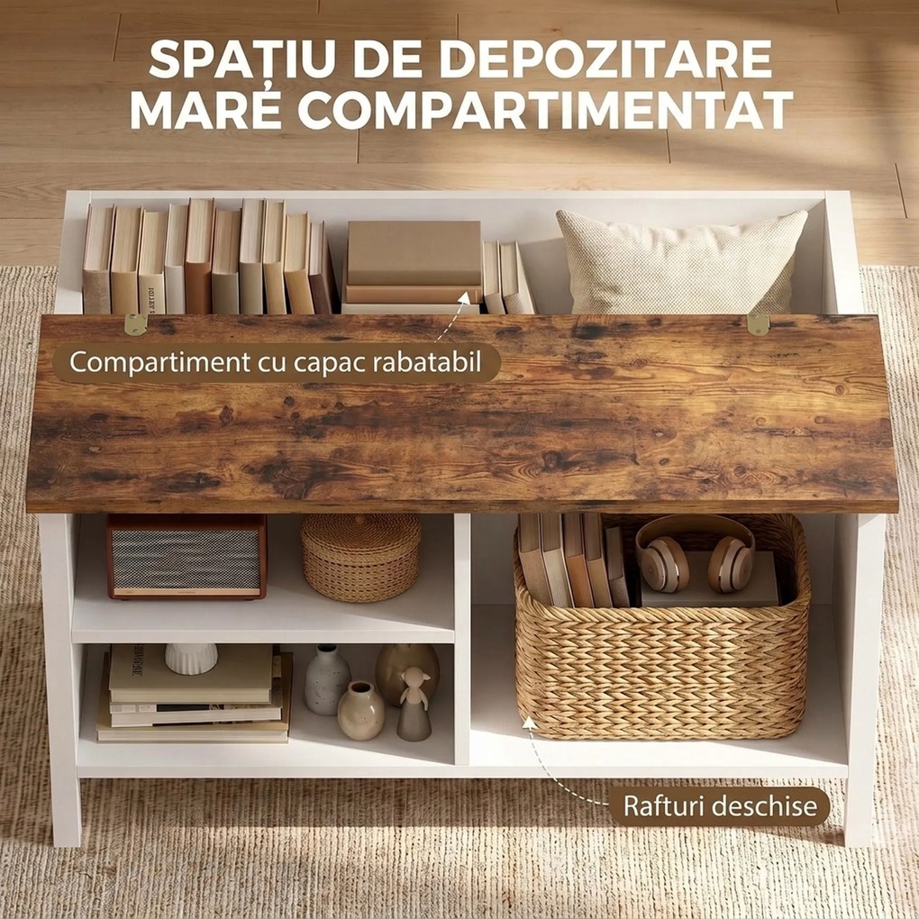 HOMCOM Cufăr de Depozitare 80x60x40 cm, cu Capac Rabatabil, Rafturi Deschise și Compartiment Ascuns, Maro Rustic | Aosom Romania