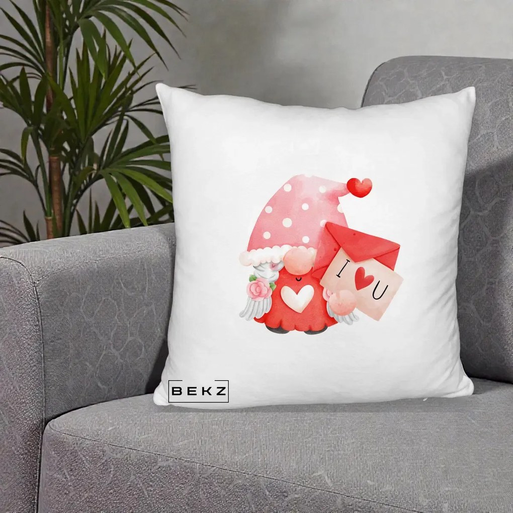 Cadou Romantic - Perna Personalizata I Love You Gnome Valentine cu Scrisoare, 40x40 cm, Alb Pufos, Husa Detasabila, Perna Inclusa, BEKZ®
