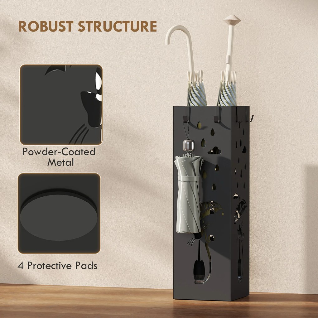 HOMCOM Suport de Umbrele Pătrat din Metal pentru Intrare, Suport Autoportant cu Tavă Detașabilă și 4 Cârlige, pentru Interior și Exterior, 15.5x15.5x49 cm, Negru | Aosom Romania