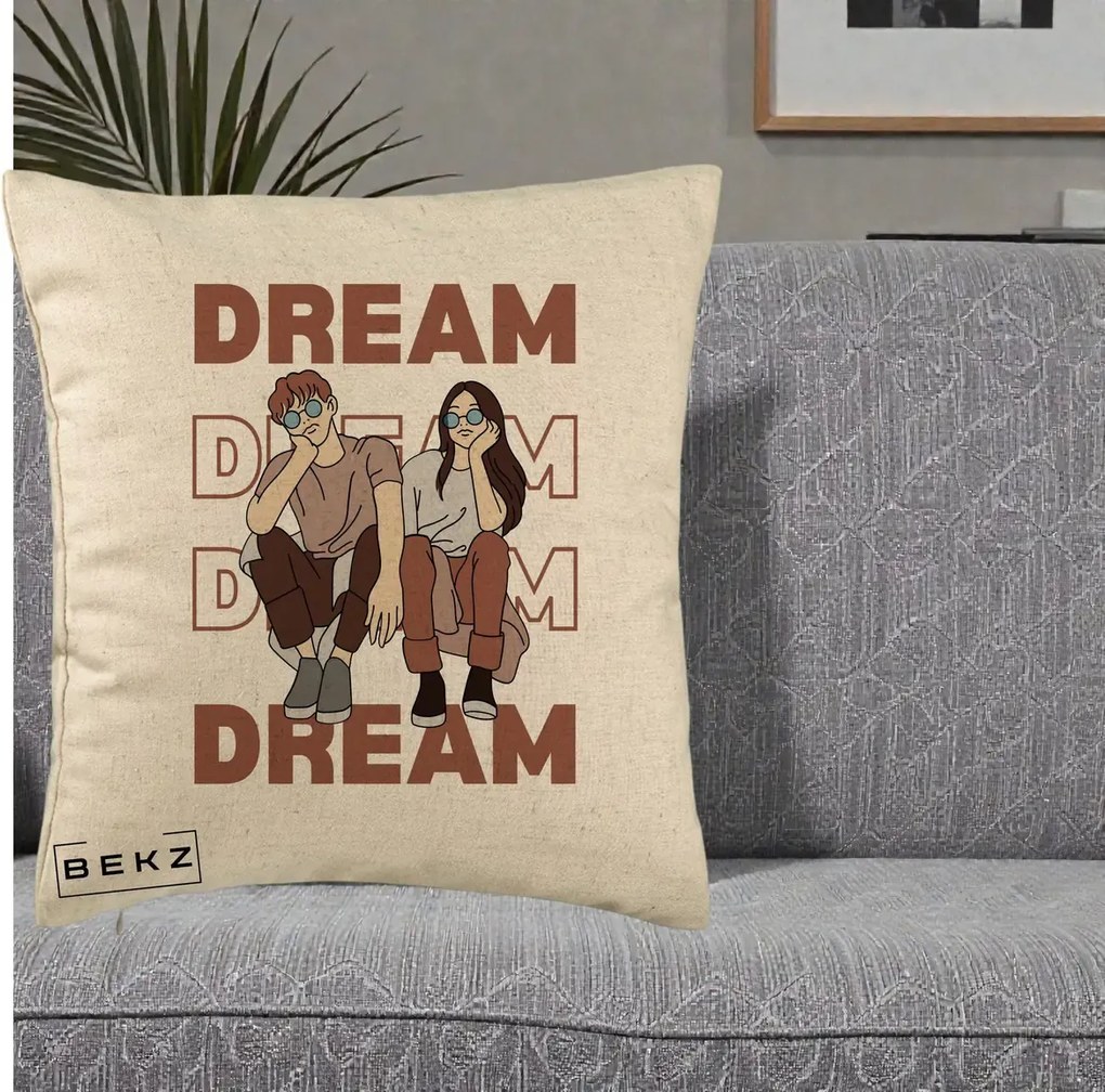 Perna Decorativa Dream Couple Aesthetic, 40x40 cm, Bej, Husa Detasabila, Perna Inclusa, BEKZ®