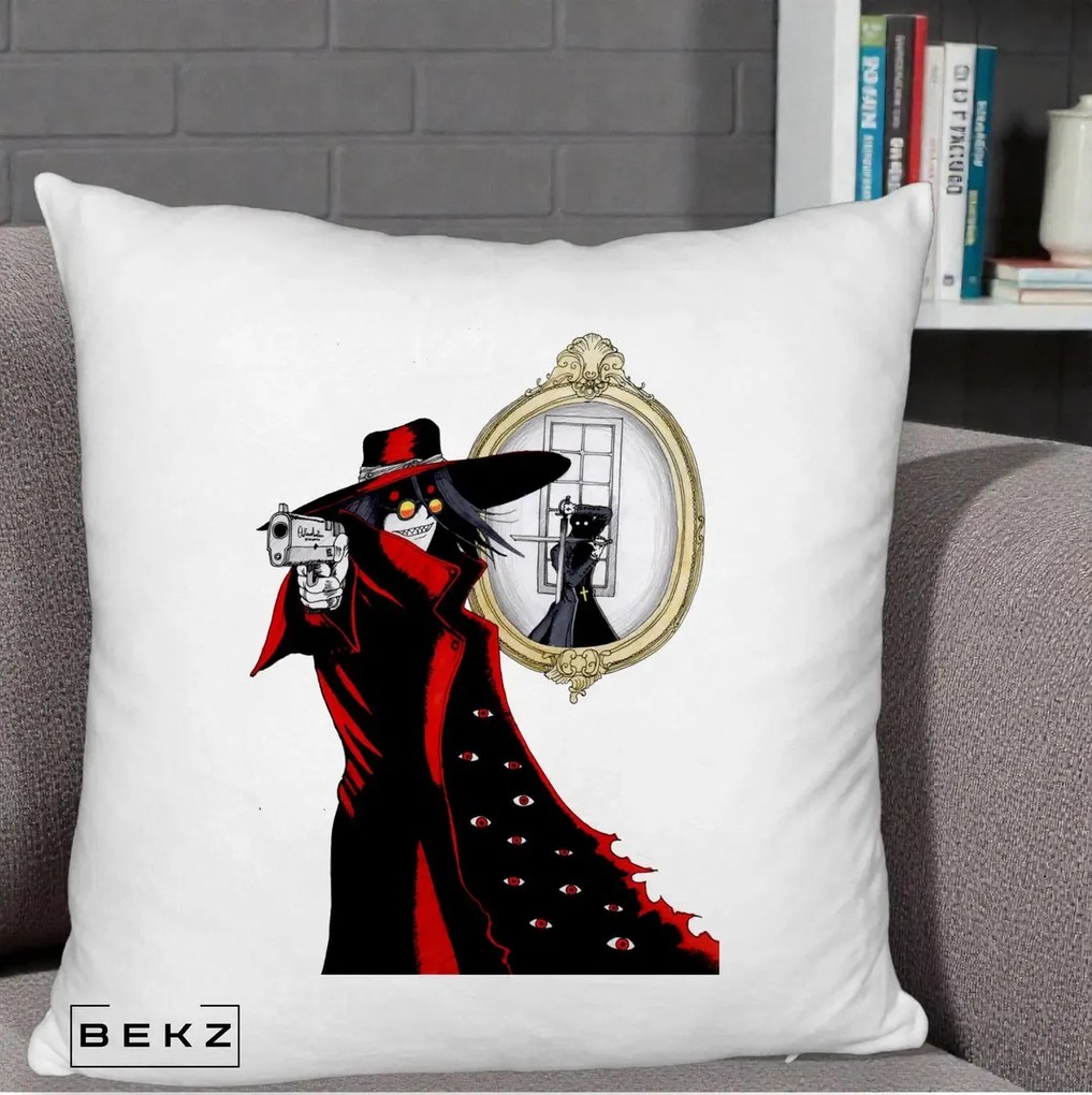 Perna Personalizata Hellsing Alucard cu Pistoale, 40x40 cm, Alb Pufos, Husa Detasabila, Perna Inclusa, BEKZ®