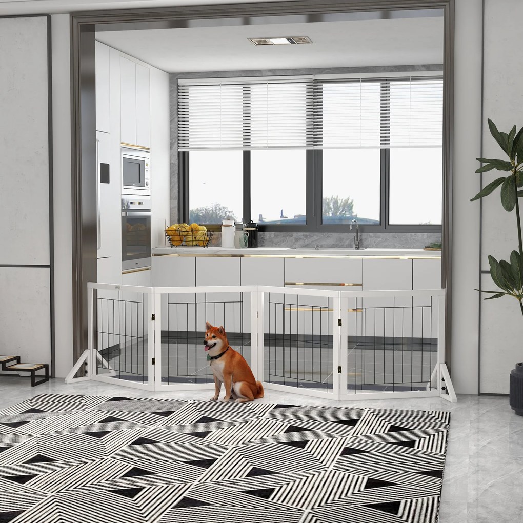 PawHut Poartă Pliabilă pentru Câini, Poartă de Siguranță pentru Animale și Căţei cu 4 Panouri și Picioare Triunghiulare, 280x70 cm, Alb | Aosom Romania