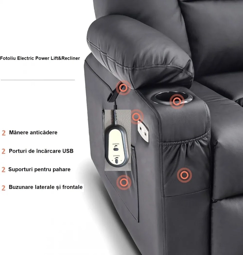 Fotoliu Electric Power Lift&Recliner, ridicare și rabatare, masaj și incalzire, porturi USB, suporturi pentru pahare, buzunare laterale, telecomenzi, PU, Negru