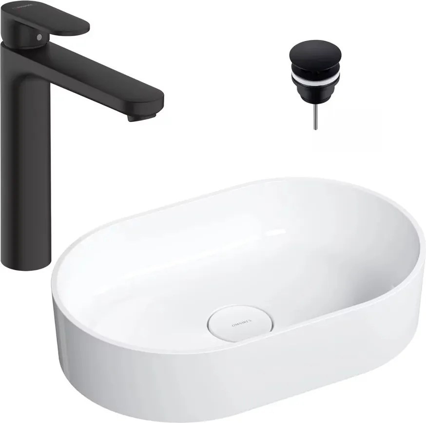 Pachet lavoar pe blat Omnires Ovo M+ alb 55 cm, baterie lavoar Hansgrohe Vernis Blend negru si ventil lavoar Click-Clack D negru