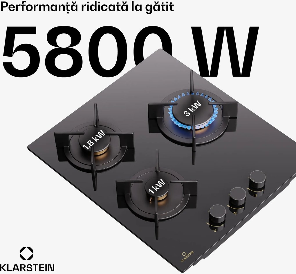 Klarstein Goldflame, plită cu gaz, 3 arzătoare din alamă, oțel inoxidabil