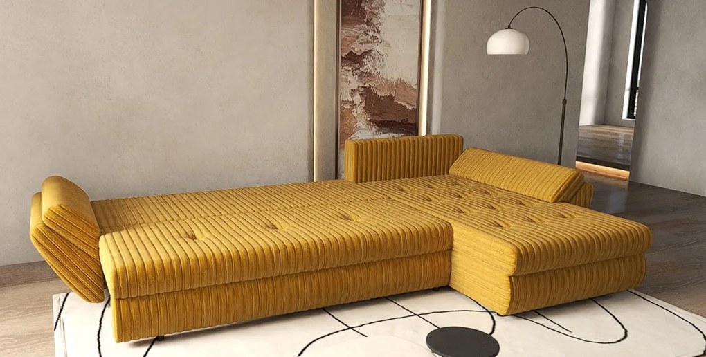 Colțar extensibil dumonde cu ladă de depozitare si sezut confortabil din spuma high-density, Loana XL Ambience Mustar 335x185 cm