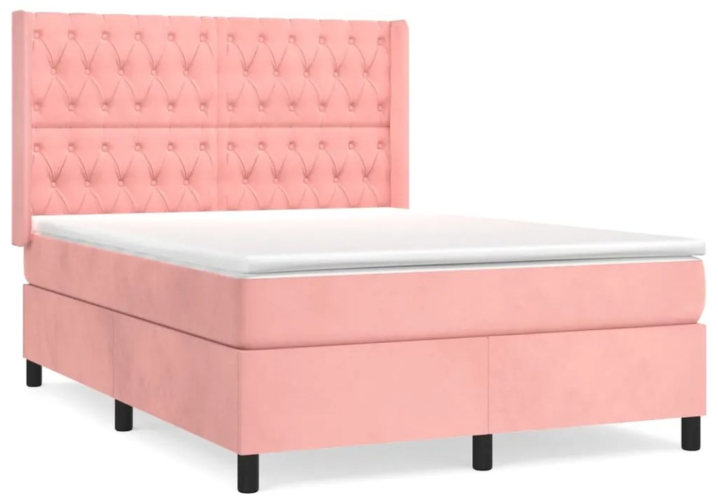 vidaXL Pat box spring cu saltea, roz, 140x190 cm, catifea