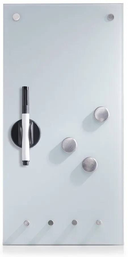 Tablă de sticlă MEMO pentru notițe + 3 magneți și 4 cârlige, 40x20 cm, ZELLER, albă