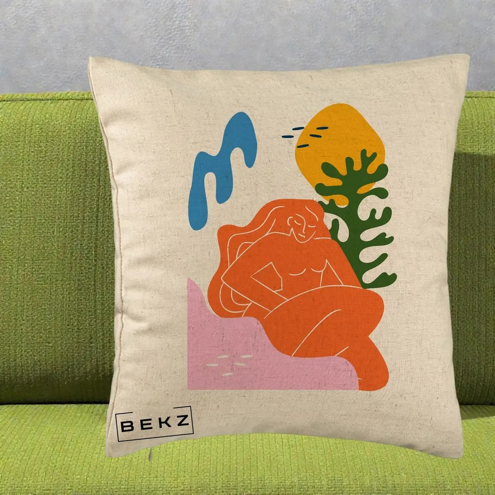Perna Decorativa Femeie Portocalie Relaxata, 40x40 cm, Bej, Husa Detasabila, Perna Inclusa, BEKZ®