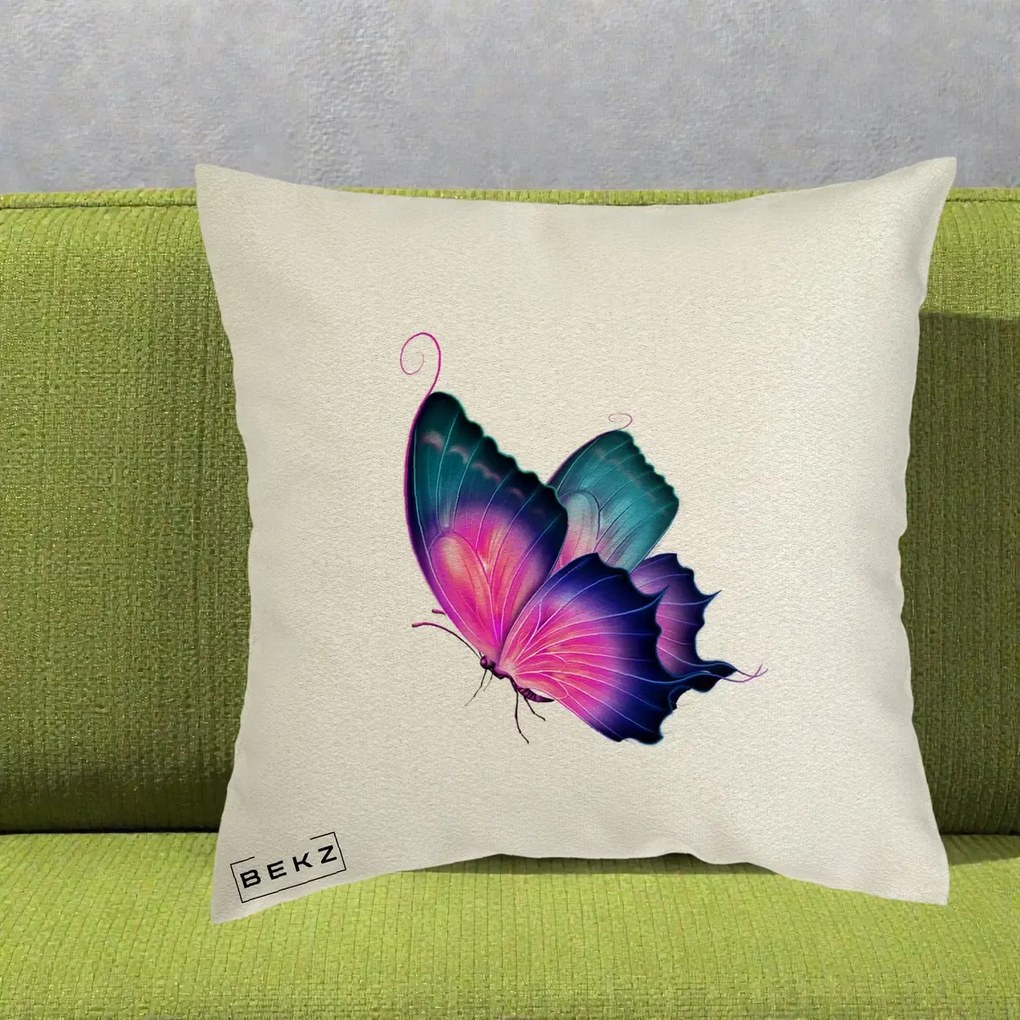 Perna Decorativa Fluture Neon, 40x40 cm, Ecru, Husa Detasabila, Perna Inclusa, BEKZ®