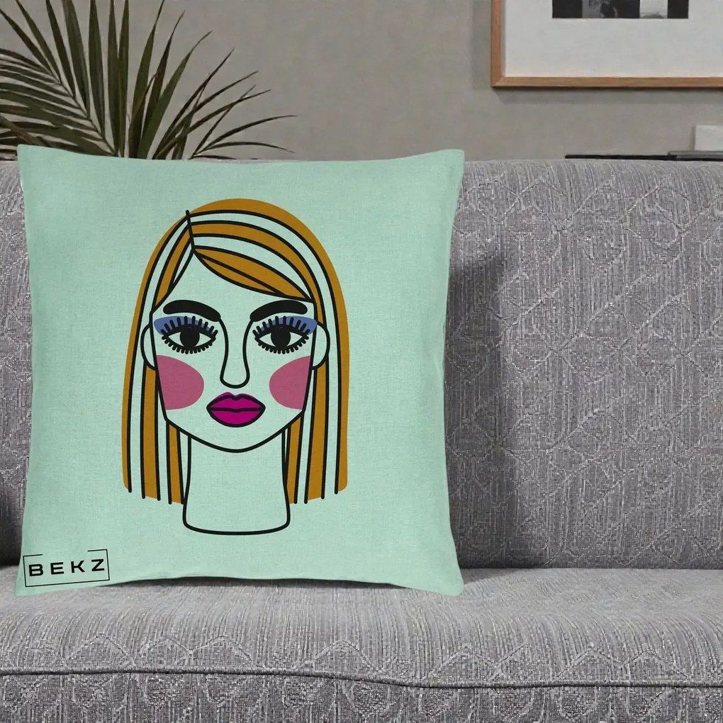 Perna Decorativa Portret Pop Art Fata, 40x40 cm, Verde Menta, Husa Detasabila, Perna Inclusa, BEKZ®